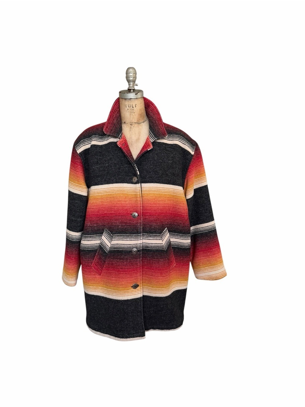 Woolrich Vintage 80’s Women’s Sundance Stripe Wool Blend Blanket Coat Size L EUC - Picture 2 of 9